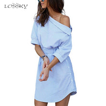Load image into Gallery viewer, Summer Women Dress Blue Striped Shirt Short Dress Mini Sexy Side Split Half Sleeve Beach Dresses 2022 Plus Size Sundress 3XL