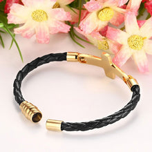 Load image into Gallery viewer, Vnox Braid Bracelet Cuir Véritable Homme Femme Acier Inoxydable Métal Croix Doré