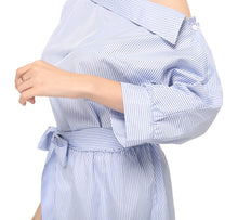Load image into Gallery viewer, Summer Women Dress Blue Striped Shirt Short Dress Mini Sexy Side Split Half Sleeve Beach Dresses 2022 Plus Size Sundress 3XL