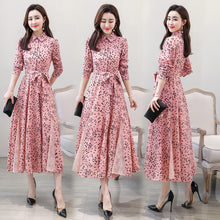 Load image into Gallery viewer, New chiffon stitching lace Dress lady elegant temperament long dress shirt collar long sleeve women print dresses