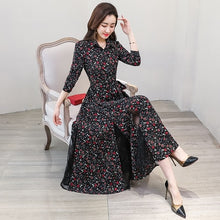 Load image into Gallery viewer, New chiffon stitching lace Dress lady elegant temperament long dress shirt collar long sleeve women print dresses