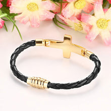 Load image into Gallery viewer, Vnox Braid Bracelet Cuir Véritable Homme Femme Acier Inoxydable Métal Croix Doré