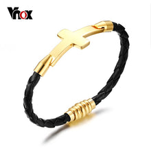 Load image into Gallery viewer, Vnox Braid Bracelet Cuir Véritable Homme Femme Acier Inoxydable Métal Croix Doré
