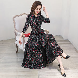 New chiffon stitching lace Dress lady elegant temperament long dress shirt collar long sleeve women print dresses