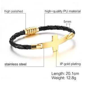 Vnox Braid Bracelet Cuir Véritable Homme Femme Acier Inoxydable Métal Croix Doré