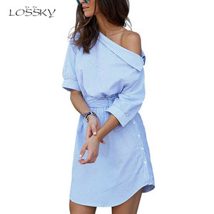 Summer Women Dress Blue Striped Shirt Short Dress Mini Sexy Side Split Half Sleeve Beach Dresses 2022 Plus Size Sundress 3XL