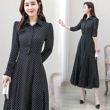 Load image into Gallery viewer, New chiffon stitching lace Dress lady elegant temperament long dress shirt collar long sleeve women print dresses
