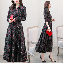 Load image into Gallery viewer, New chiffon stitching lace Dress lady elegant temperament long dress shirt collar long sleeve women print dresses
