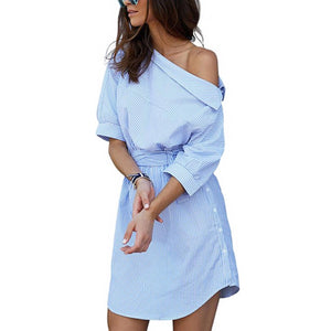 Summer Women Dress Blue Striped Shirt Short Dress Mini Sexy Side Split Half Sleeve Beach Dresses 2022 Plus Size Sundress 3XL