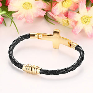 Vnox Braid Bracelet Cuir Véritable Homme Femme Acier Inoxydable Métal Croix Doré