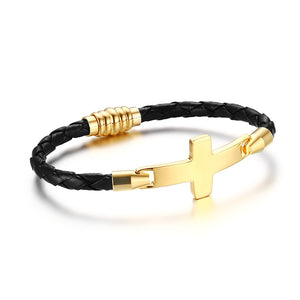 Vnox Braid Bracelet Cuir Véritable Homme Femme Acier Inoxydable Métal Croix Doré