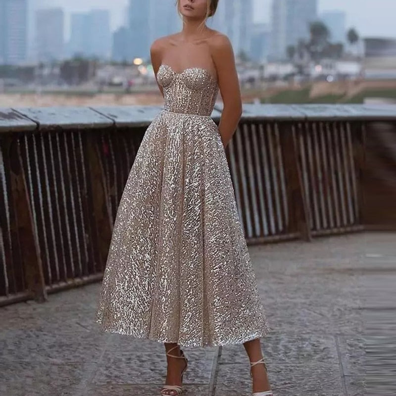 Robe de soirée Sexy et brillante à col licou et cheville